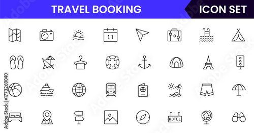 Travel Booking vector web line icon collection, sleek illustrations of tickets, maps, luggage, planes for seamless, adventurous designs.
