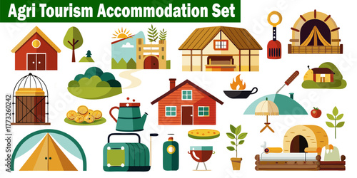 Agritourism Accommodation Elements Set. Farm Vacation Lodging Rural Tourism Homestead, Stay Country Getaway, Guest House Design, Flat Vector Icons, Eco Friendly Holiday Farmhouse Collection.