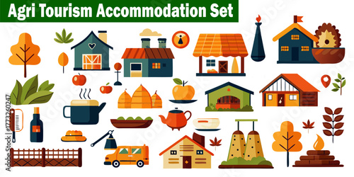 Agritourism Icons Set. Rural Tourism Farm Vacation, Travel Destination, Countryside Eco Holiday, Lodging Guest House Design, Flat Vector Elements, Isolated Agricultural Homestead concept. 