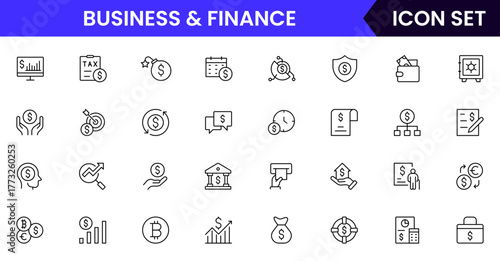 Business and Finance vector web line icon collection, sleek illustrations of budgets, savings, wallets, investments for smart, financial designs.