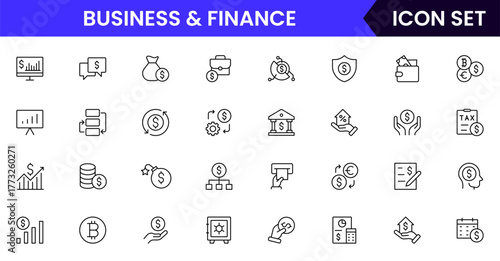 Business and Finance vector web line icon collection, sleek illustrations of budgets, savings, wallets, investments for smart, financial designs.