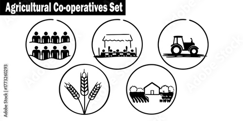Agricultural Cooperatives Icons Set. Farming Community, Collaboration, Agriculture, Business, Partnership, Organization, Network, Teamwork, Support, Farm Collective Design Flat Vector. 