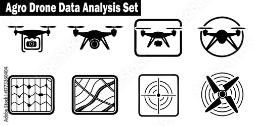 Agro Drone Data Analysis Vector Black And White Outline Icons: Camera, Monitoring, Mapping, Fields, Technology, Farming, Agriculture System.