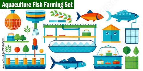 Aquaculture Fish Farming Set Vector.  Flat Design for Business Fish Farming, Sustainable Eco Farm Seafood, Production Freshwater Farming Fish Breeding Process.