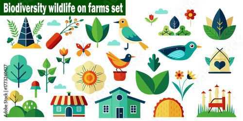 Biodiversity Wildlife On Farms Set Vector Illustration with Farm Elements, Plants, Flowers, Birds, House and Other Farm Wildlife Elements in Cartoon Flat Style.