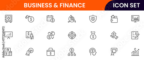 Business and Finance vector web line icon collection, sleek illustrations of budgets, savings, wallets, investments for smart, financial designs.