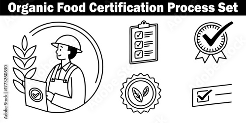 Organic Food Certification Process Set Vector Farmer and Checklist Icon. Guarantee Label Verified Document. Natural Product Agriculture Quality Mark Badge Approved elements. 