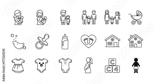 Set of family icons isolated on white background representing parenthood, childhood and home