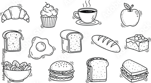Home Baking. Set of different pastries. Cookies, croissants, puffs, macaroons, donuts sketch collection. Hand drawn elements for package, menu, recipe.