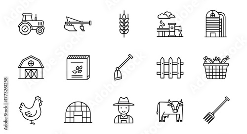 Collection of agriculture and farming icons isolated on white background for web design