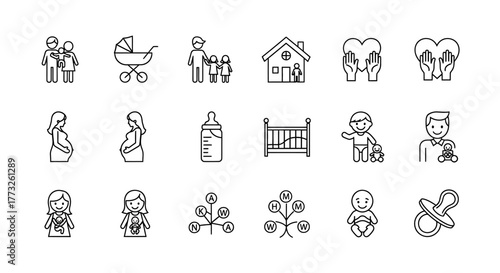 Collection of family and baby icons isolated on white background for web design