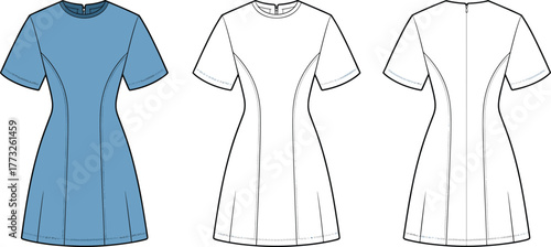 Princess seam dress flat sketch, short sleeve technical drawing, fashion CAD vector, apparel template illustration, fitted dress design, garment silhouette, clothing pattern