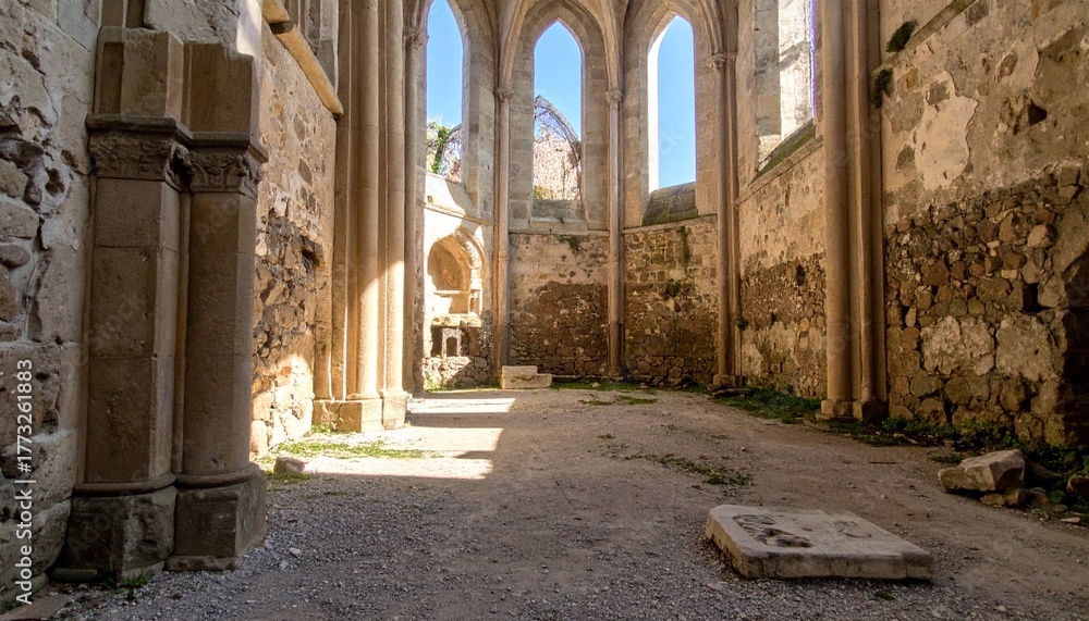 Fototapeta premium Interior of Ruined Gothic Church or Cathedral Arches