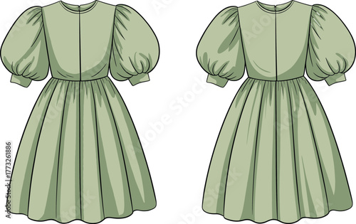 Puff sleeve dress design, pleated skirt fashion illustration, CAD garment template, flat vector drawing, fitted waist, gathered sleeve style