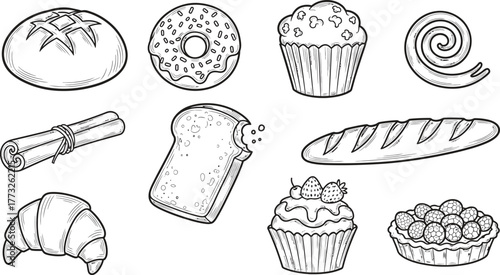 Home Baking. Set of different pastries. Cookies, croissants, puffs, macaroons, donuts sketch collection. Hand drawn elements for package, menu, recipe.