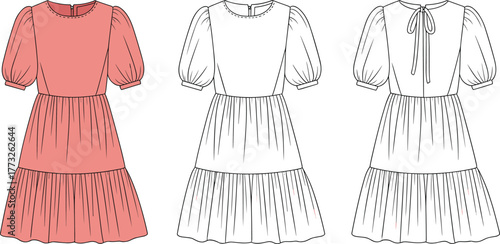 Puff sleeve tiered dress, front and back view, fashion flat sketch, technical drawing, garment template, cad drawing flat vector illustration