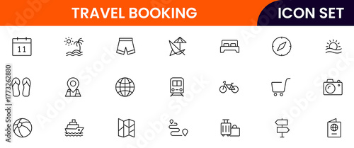 Travel Booking vector web line icon collection, sleek illustrations of tickets, maps, luggage, planes for seamless, adventurous designs.