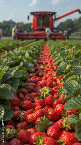 Freshly harvested strawberries lined up in a field ready for collection