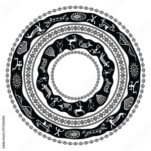 Vector round ethnic element, circular petroglyphs and geometric pattern, rock paintings, naive art, vector design