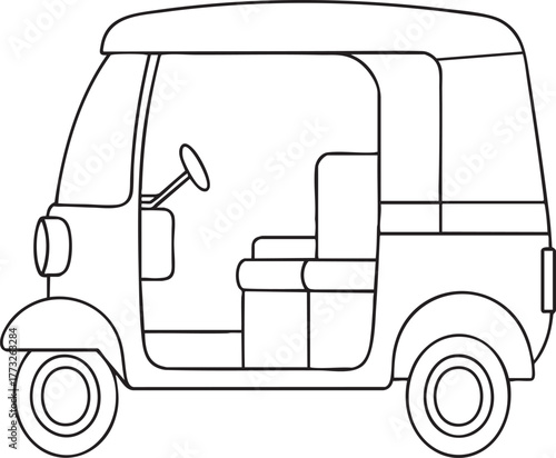 Tuk tuk side view line drawing illustration for coloring books and transportation education