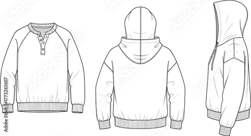 Pullover hoodie technical flat sketch, front back and side view, CAD drawing, vector apparel design template for fashion designers