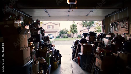 Organized Clutter Inside a Residential Garage Filled With Boxes and Storage Containers Leading to an Exterior View of Houses and a Lawn on a Cloudy Day