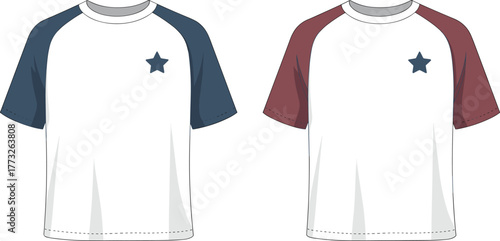 Raglan t shirt front view, short sleeve baseball style apparel, contrast sleeve and collar design, casual garment template, cad drawing flat vector illustration