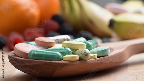 Assortment of Colorful Vitamin Pills and Supplements on a Wooden Spoon with Fresh Fruits like Oranges and Bananas in the Background on a Light Wooden Surface with Natural Lighting
