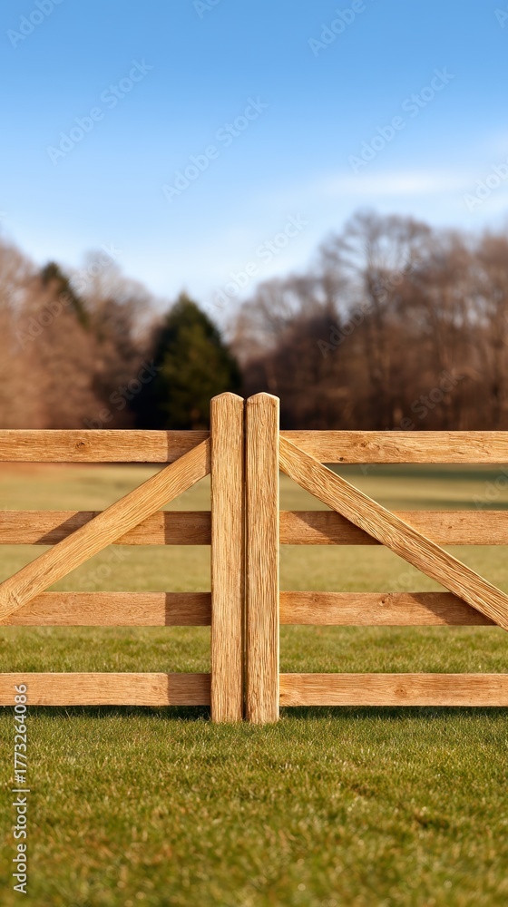 Fototapeta premium A wooden gate stands open in a lush green field under a clear blue sky.