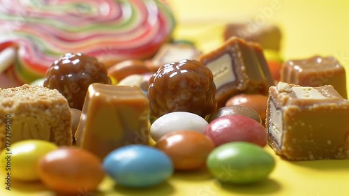 Assortment of Colorful Candies and Lollipops on a Bright Yellow Background with Soft Lighting and Shallow Depth of Field