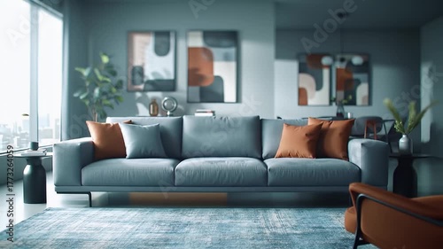 Modern Living Room Interior Design with Grey Sofa and Abstract Wall Art Bathed in Natural Light From Large Window