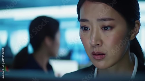 Focused Young Woman in Business Attire Looks Intently at Computer Screen with Another Woman in Blurred Background in Office Setting