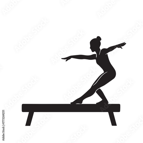 Black and white vector art of a female gymnast leaping over the vault, capturing the perfect harmony of athletic strength, flexibility, and artistic precision.