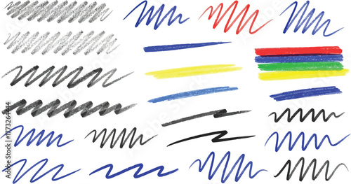 Pencil brush crayon marker chalk texture line stroke element set. Hand drawn crayon pencil brush stroke texture line charcoal shape. Chalk scratch hand drawn style background. 