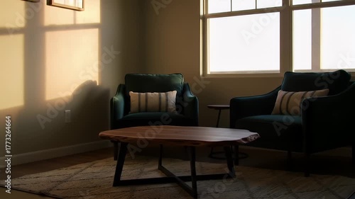 Living Room With Two Teal Armchairs and Coffee Table Bathed in Warm Sunset Light Casting Dramatic Shadows on Wall