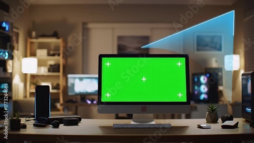 Modern Desktop Computer Setup With Green Screen Display In A Dimly Lit Room With Multiple Monitors And Office Supplies On A Wooden Desk In The Evening