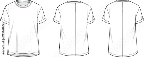 Rolled sleeve tee technical flat, relaxed fit t-shirt vector, crew neck cad sketch, apparel template front back side views
