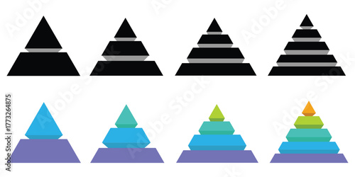 Levels of triangular pyramid. Color triangle pyramid chart. Maslow layer diagram. Development level infographic. Business graph. Vector illustration isolated on white background