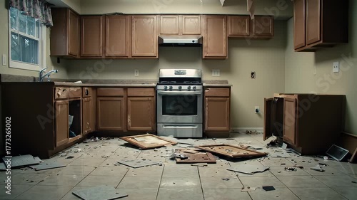 Disaster Kitchen with Damaged Cabinets and Debris on Floor in Residential Home Interior Daylight Lighting