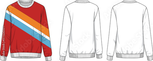 Retro striped sweatshirt, fashion clothing mockup, vector jumper design, crewneck apparel template, sportswear layout, garment illustration, printable design file