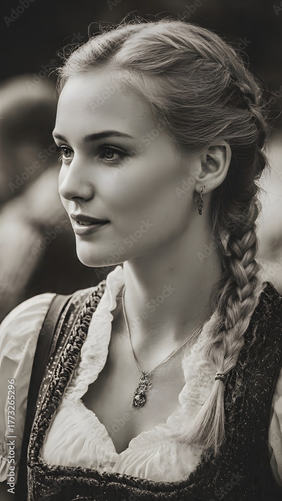 Obraz premium Portrait of a young Bavarian woman with braided blonde hair in traditional dirndl dress.