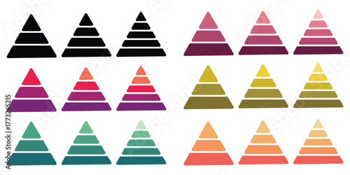 Levels of triangular pyramid. Half triangle pyramid chart. Maslow layer diagram. Development level infographic. Business graph. Vector illustration isolated on white background