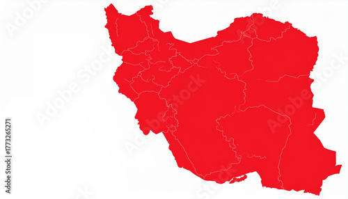 Vibrant Red Silhouette Map of Iran with Province Borders, Modern Iran National Symbolism on White Background, Artistic Iran State Map with Emblem