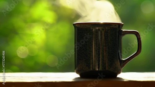 Steaming Dark Blue Mug Filled with Hot Beverage Placed on Wooden Surface Against a Blurry Green Background with Soft Sunlight
