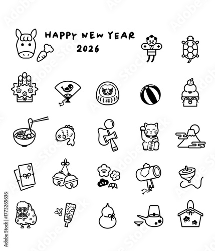2026年お正月線画イラスト素材