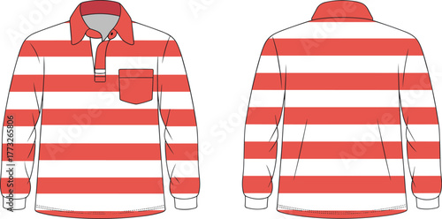 Rugby shirt front back view, long sleeve striped casual apparel, collared garment with button placket, chest pocket design, cad drawing flat vector illustration