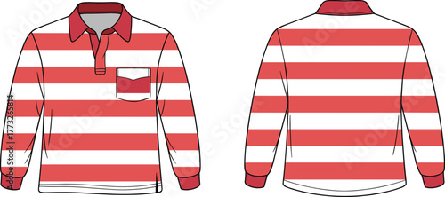 Rugby shirt front back view, long sleeve striped casual apparel, collared garment with button placket, chest pocket flap design, cad drawing flat vector illustration
