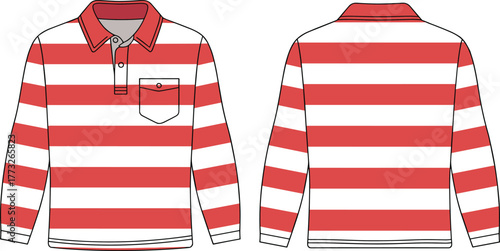Rugby shirt front back view, long sleeve striped casual apparel, collared garment with button placket, chest pocket design, cad drawing flat vector illustration