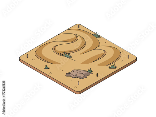 Off road sand track, winding vehicle trail, dunes and stones, desert safari path, isometric map tile, adventure vector