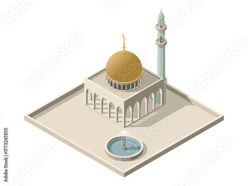 Golden dome mosque isometric, arched colonnade walls, courtyard fountain, minaret tower, sacred architecture illustration, middle east travel vector